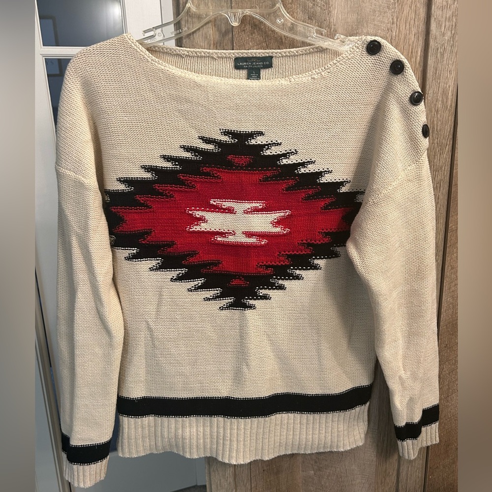 Lauren Jeans Co. LRL Ralph Large Aztec Print Sweater shoulder button detail